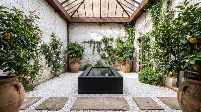Serene indoor garden with lush citrus trees and a modern water feature.