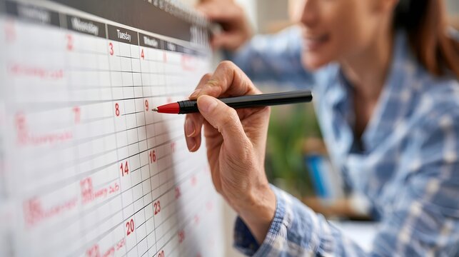 A person using a red pen to mark dates on a wall calendar  focusing on scheduling important events