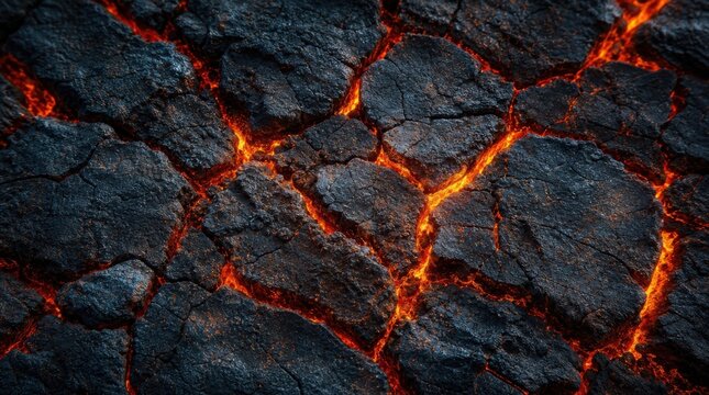 Close-up image of cracked volcanic lava with glowing red-orange molten rock visible through dark, solidified crust.