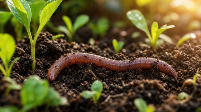 A close-up of an earthworm on rich soil surrounded by small green seedlings under warm sunlight.