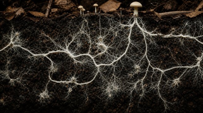 Underground network of fungal mycelium connecting mushrooms through soil, illustrating symbiotic relationships and nutrient exchange in nature.