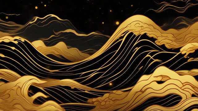 Golden Japanese wave pattern drifting softly in black and gold