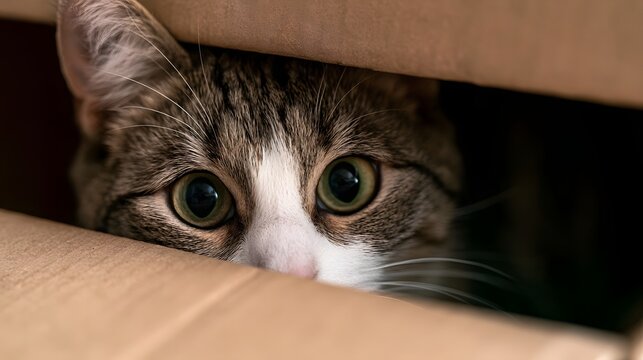 A tabby cat peeks out from between cardboard flaps with wide curious eyes and white muzzle
