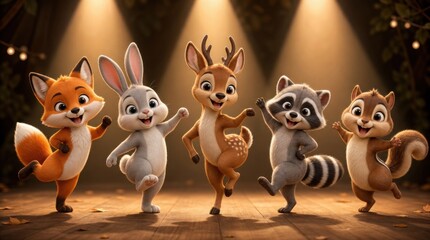 Obraz premium Five animated woodland animals joyfully dancing together on a warmly lit stage, showcasing playful expressions and lively poses.