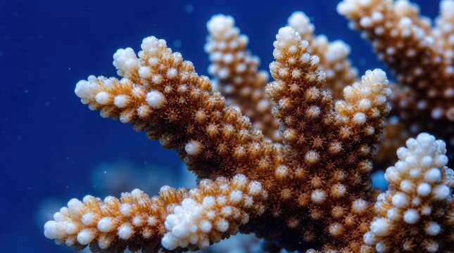 Close-up of vibrant coral branches underwater, showcasing detailed polyps and textures against a deep blue ocean background.