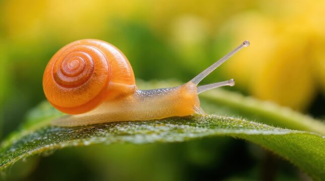 A close-up of a small orange snail with a spiral shell crawling on a green leaf against a blurred yellow-green background.