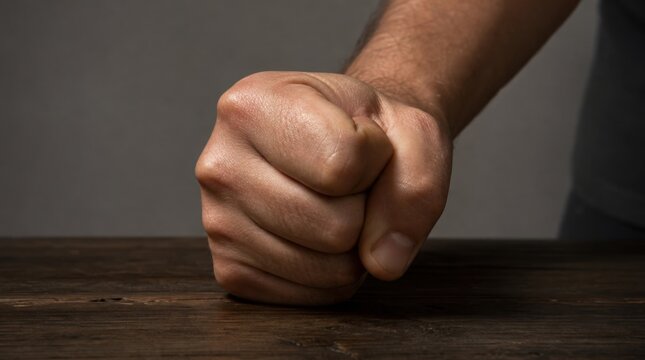 A clenched fist resting firmly on a wooden surface against a dark background.