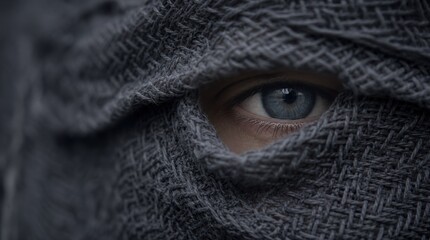 A close-up of a blue eye peering through a textured, dark gray woven fabric covering most of the face.