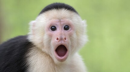 Naklejka premium A close-up of a surprised white-faced capuchin monkey with wide eyes and an open mouth against a soft green background.
