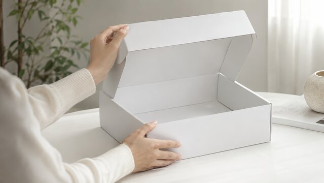 Woman Opening White Cardboard Box for E-commerce Packaging Photo