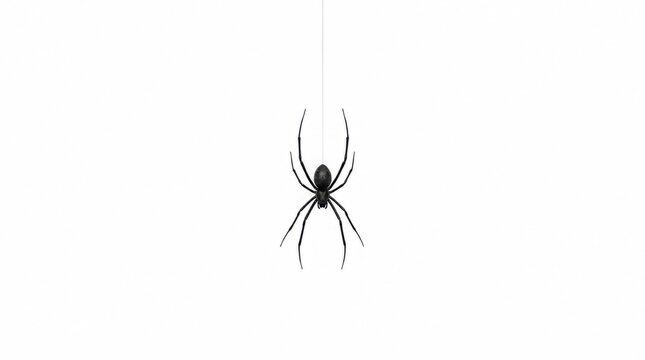 A black spider with long legs hangs suspended by a single thread against a plain white background.