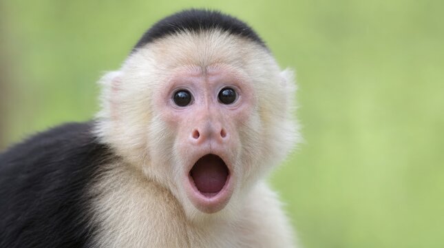 A close-up of a surprised white-faced capuchin monkey with wide eyes and an open mouth against a soft green background.