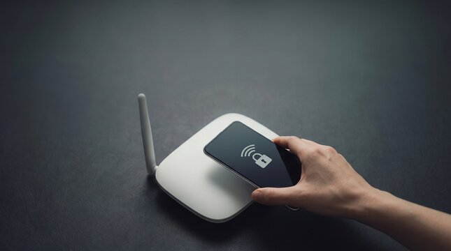 Person holding smartphone over wireless router representing secure network connection with digital lock icon displayed