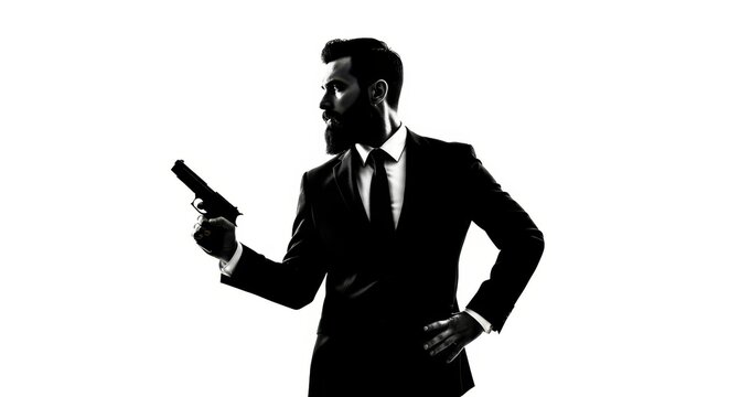 Silhouette of a Bearded Secret Agent in a Suit Holding a Handgun Against a White Background for Action and Thriller Concepts
