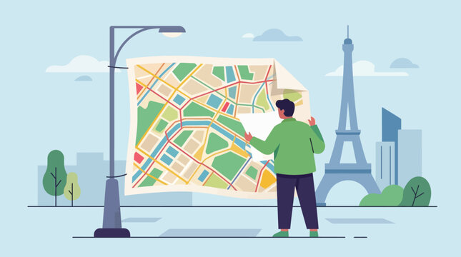 Traveler examines a detailed city map while standing in front of a famous iconic landmark in Paris.