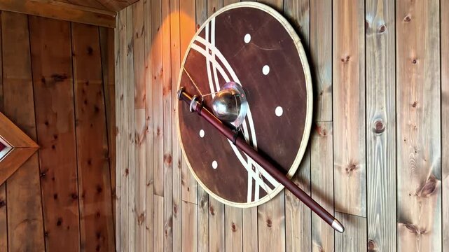 Viking-style shield and sword mounted on rustic wooden wall in traditional interior