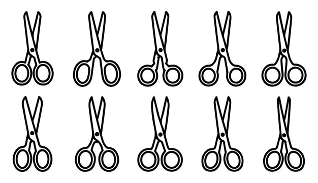 Set of ten pairs of black outline scissors icons in various styles on transparent background.