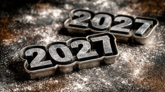Cookie cutters showing the year 2027 are placed on a dark floured surface with warm lighting. Baking for the new year begins here.