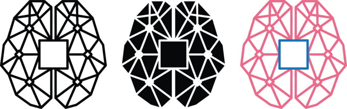 Artificial intelligence digital brain microchip icons set representing deep machine learning neural network and future computer technology