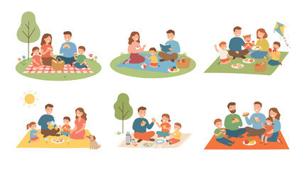 Flat vector illustration set of happy families having picnics outdoors, eating snacks, playing, and reading on blankets in the park