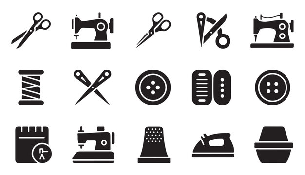 Set of sewing and tailoring icons, featuring sewing machines, scissors, and threads.