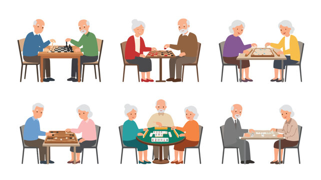 Vector illustration set of senior elderly people playing various board games like chess, checkers, and mahjong