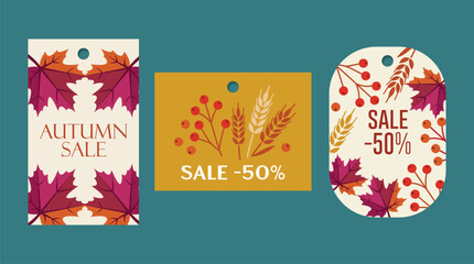 Naklejka premium Autumn season sale price tag gift labels vector template bundle, flat retro teal background layout with maple leaves wheat ears wild berries and discount offers