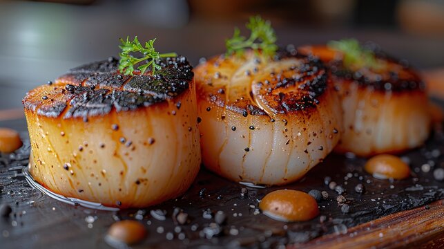 Grilled Fresh Scallops with Melted Butter Close Up Gourmet Seafood Photography
