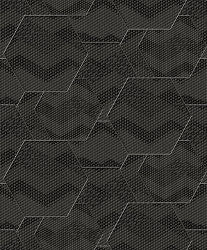 Seamless hexagonal geometric pattern with intricate mesh lines, modern black and silver abstract background design