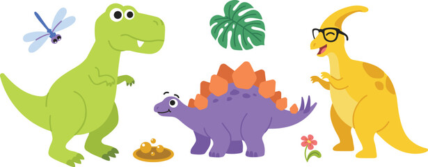Cute Cartoon Dinosaur Vector Set Featuring Tyrannosaurus Rex, Stegosaurus, Parasaurolophus with Glasses, Dragonfly, and Monstera Leaf Elements © MstRabeya