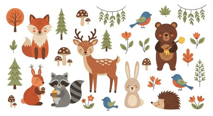 Fototapeta premium Cute Woodland Animals and Forest Elements Clipart Set with Fox, Deer, Bear, Raccoon, and Squirrel for Kids Design