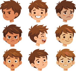 Cartoon boy facial expressions vector set with cute little kid showing different emotions happy sad angry surprised worried laughing isolated on white background