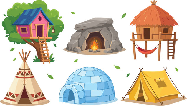 Cartoon primitive and modern outdoor dwellings collection set with treehouse cave stilt hut teepee igloo and camping tent isolated on white background vector