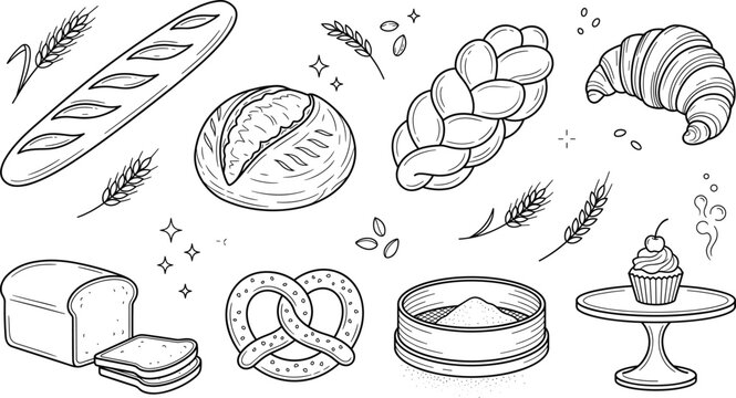 Bakery and fresh bread line icons set with baguette loaf croissant pretzel challah flour and cupcake elements