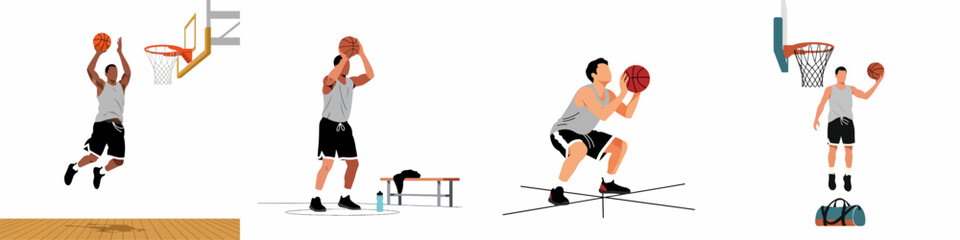 Collection of flat vector illustrations showcasing various basketball players in training and action poses on a basketball court. © Nadya