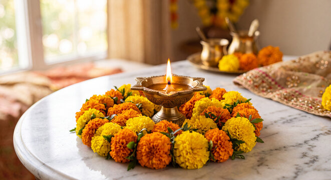 Traditional Brass Diya Oil Lamp Placed Inside a Circular Fresh Marigold Flower Wreath