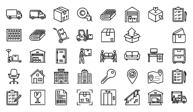Editable moving and relocation line icon collection featuring packing office moving and logistics symbols on transparent background
