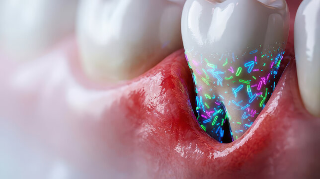 Dental biofilm on tooth surface near inflamed gum illustrates cause of gum disease with colorful bacteria showing infection risk and oral health concern