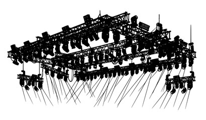 Obraz premium Massive concert stage lighting rig silhouette with truss and spotlights vector set