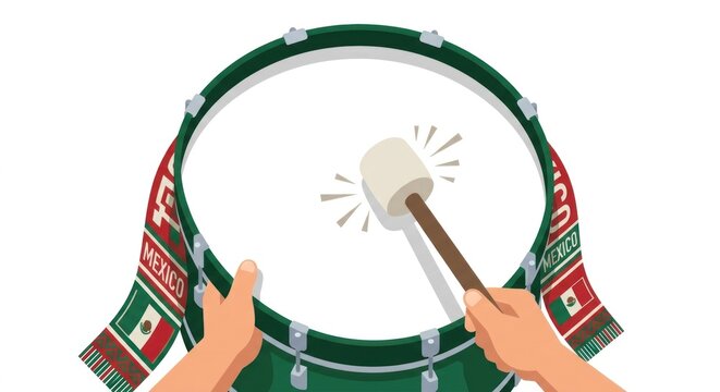 Flat vector illustration of hands playing drum with patriotic scarf