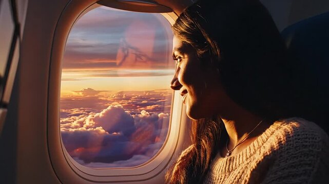 Window Seat Serenity: A young woman gazes out the airplane window at a breathtaking sunset above the clouds, her face illuminated by the golden light.