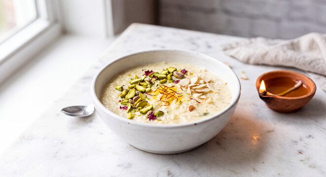 Traditional Indian Rice Pudding Kheer Dessert with Almonds Pistachios and Lit Clay Diya