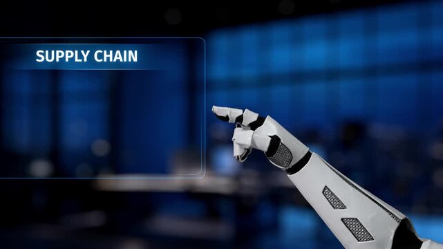 A robotic hand engages with a digital supply chain interface, symbolizing advanced automation in logistics and business processes in a contemporary setting. Synapse