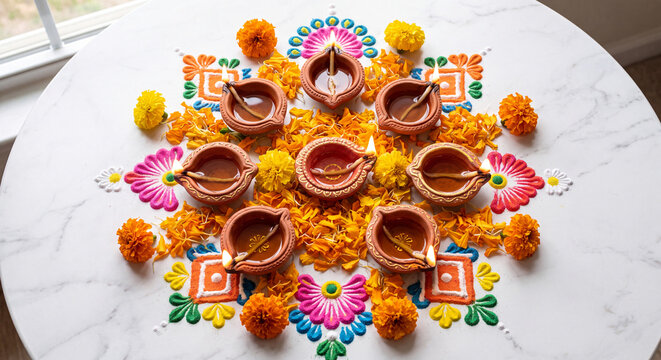 Top View Flat Lay of Traditional Diwali Mandala Rangoli with Lit Terracotta Diyas and Marigold Flowers