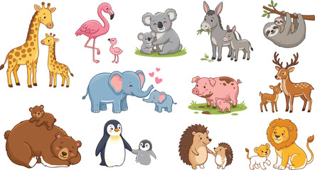 Obraz premium Hair DCute Animals and Babies Vector Set with Cartoon Wildlife and Farm 