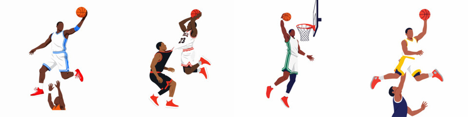 Set of flat vector illustrations of basketball players performing powerful slam dunks and jumping in various action poses on a white background. © Nadya
