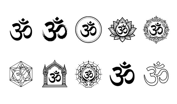 Black and White Om Icon Collection with Lotus Flower, Meditation Figure, Temple Frame and Ornamental Mandala Designs