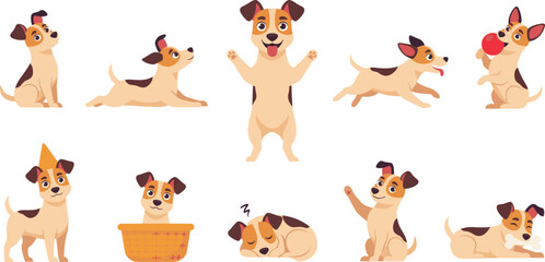 Fototapeta premium Cute Jack Russell Terrier Puppy Character Vector Set with Running, Sleeping, Playing Ball, Sitting in Basket, and Chewing Bone Poses for Pet Designs