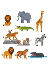 Obraz premium Collection of African Safari Animals Vector Illustration Set with Lion Elephant Giraffe Zebra Tiger Hippo and Monkey