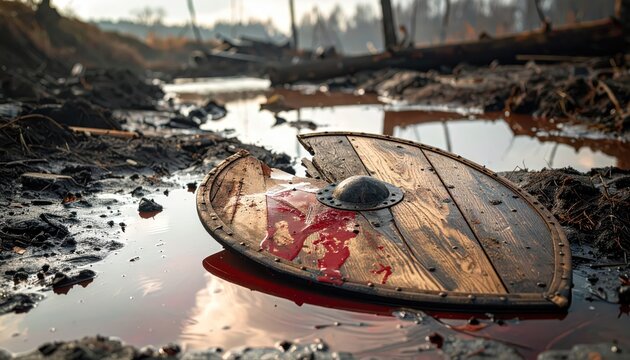 Broken Wooden Viking Shield Covered in Blood Lying in Muddy Water of a Battlefield